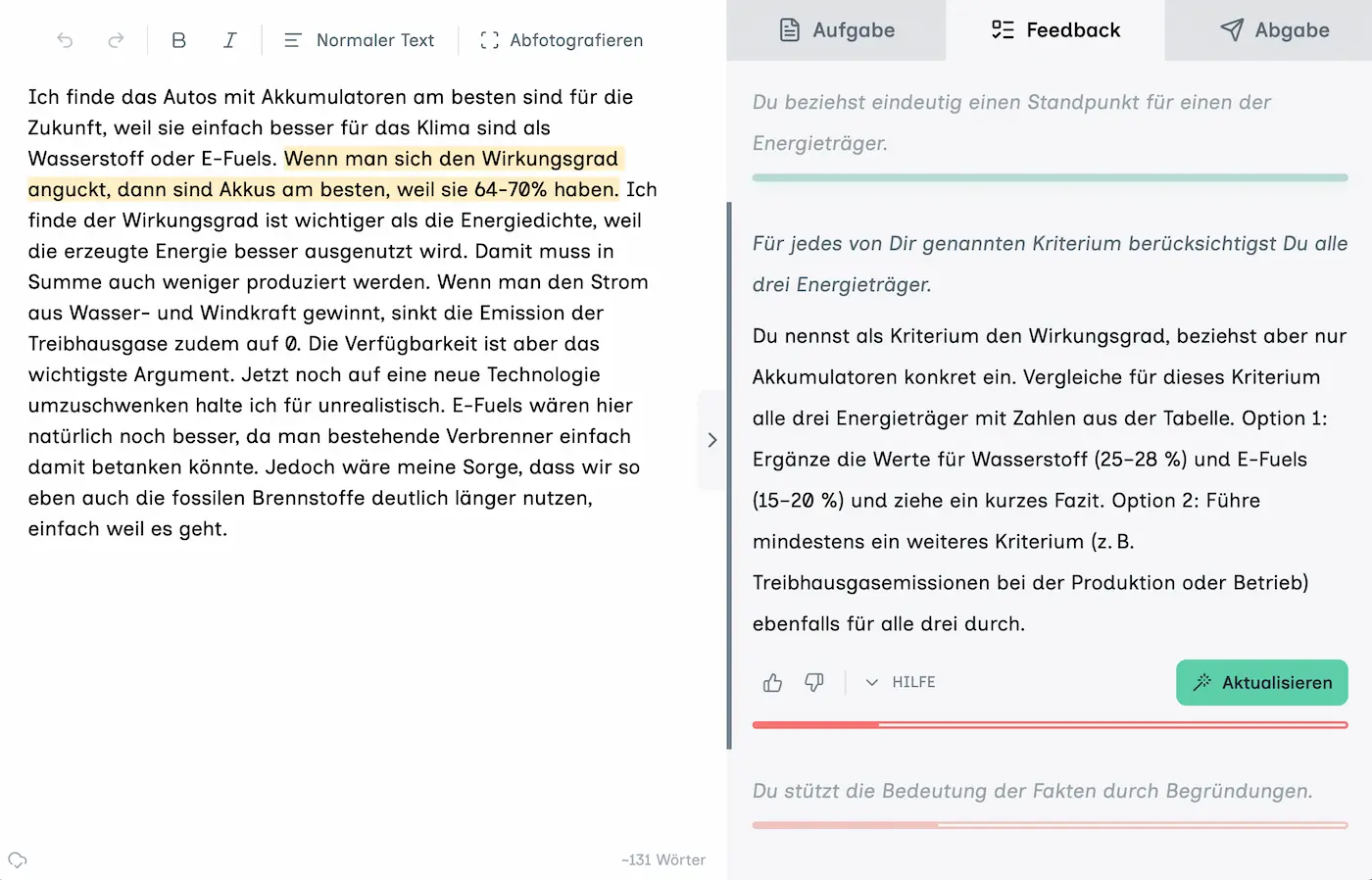 Feedbackansicht für Schüler:innen